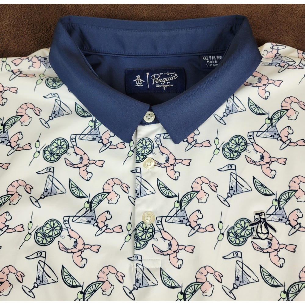 Original Penguin Mens XXL Shrimp Cocktail Martini Golf Polo Shirt White Stretch